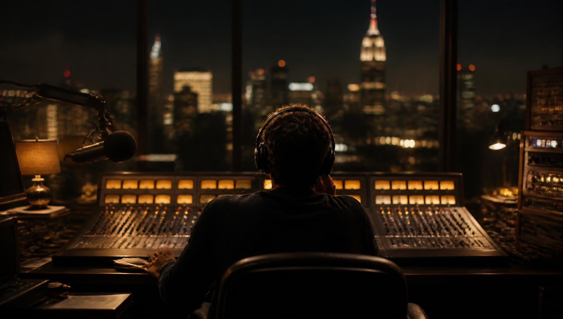 A radio presenter at a mixing desk overlooking a city skyline at night